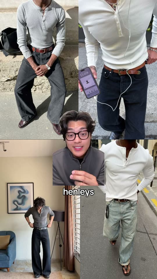 Showcasing different Henley shirt outfits