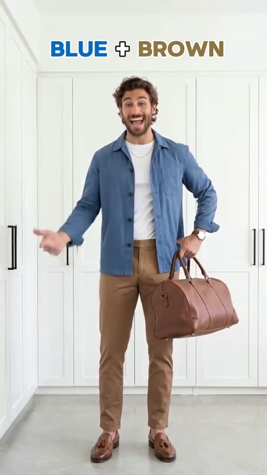 Man shows blue and brown outfit
