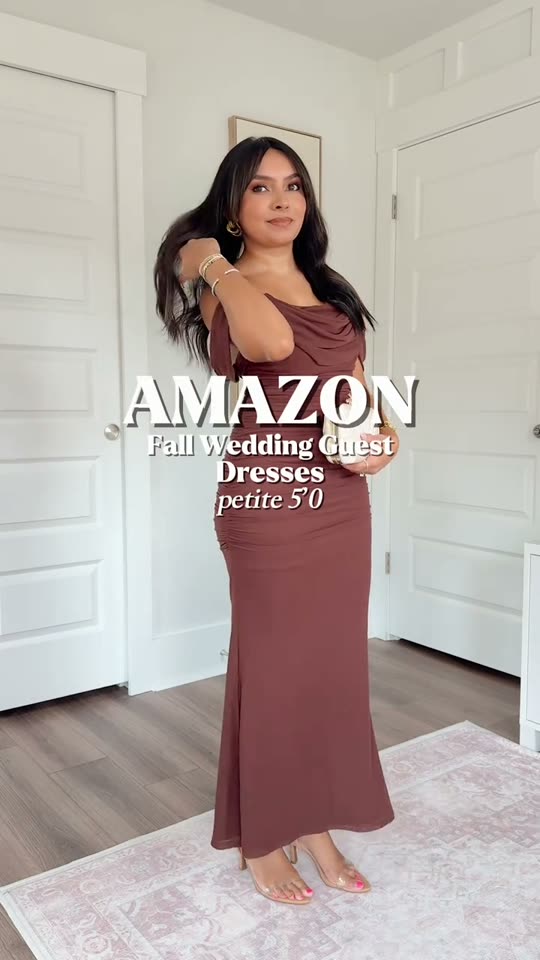 Woman models a brown dress