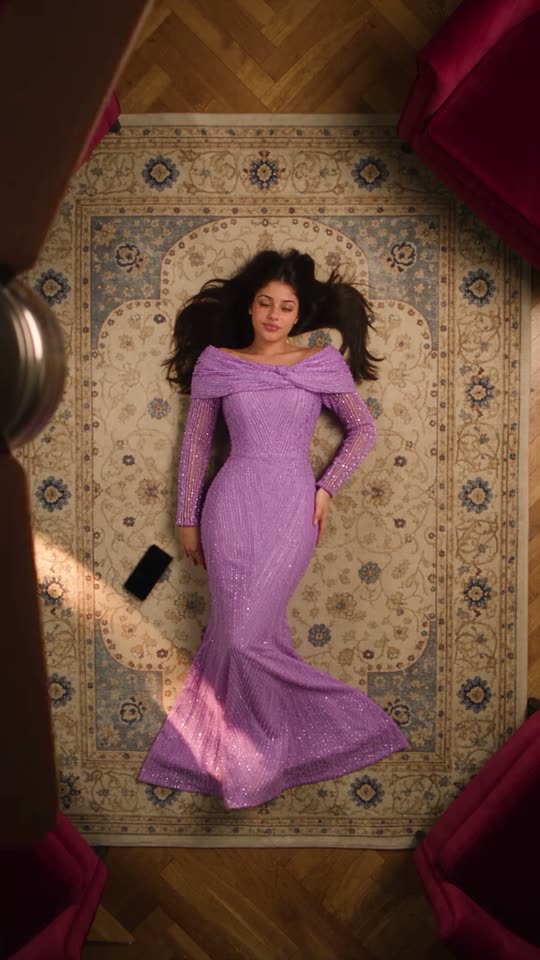 Fan transition into a purple dress