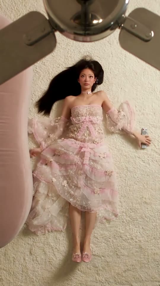 Fan transition into pink dress
