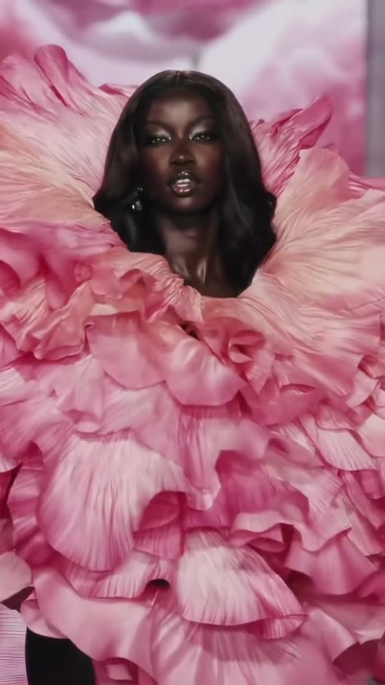 Model in pink ruffled dress